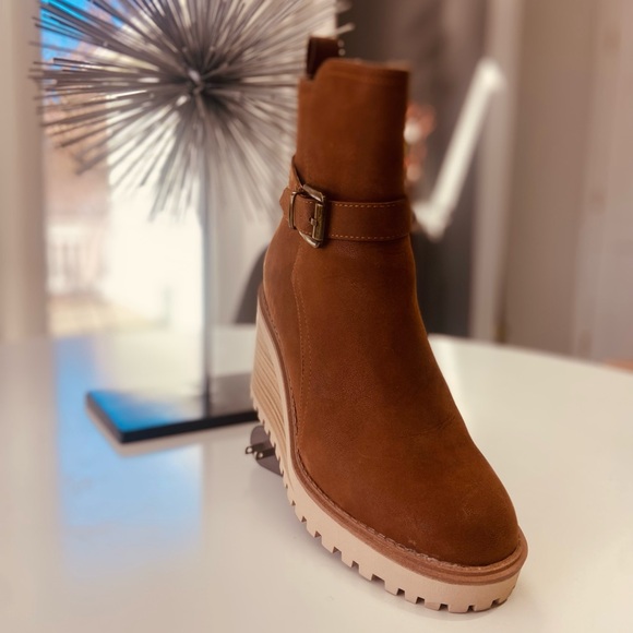 Brown Faux Suede Wedge Ankle Boots - Picture 1 of 9